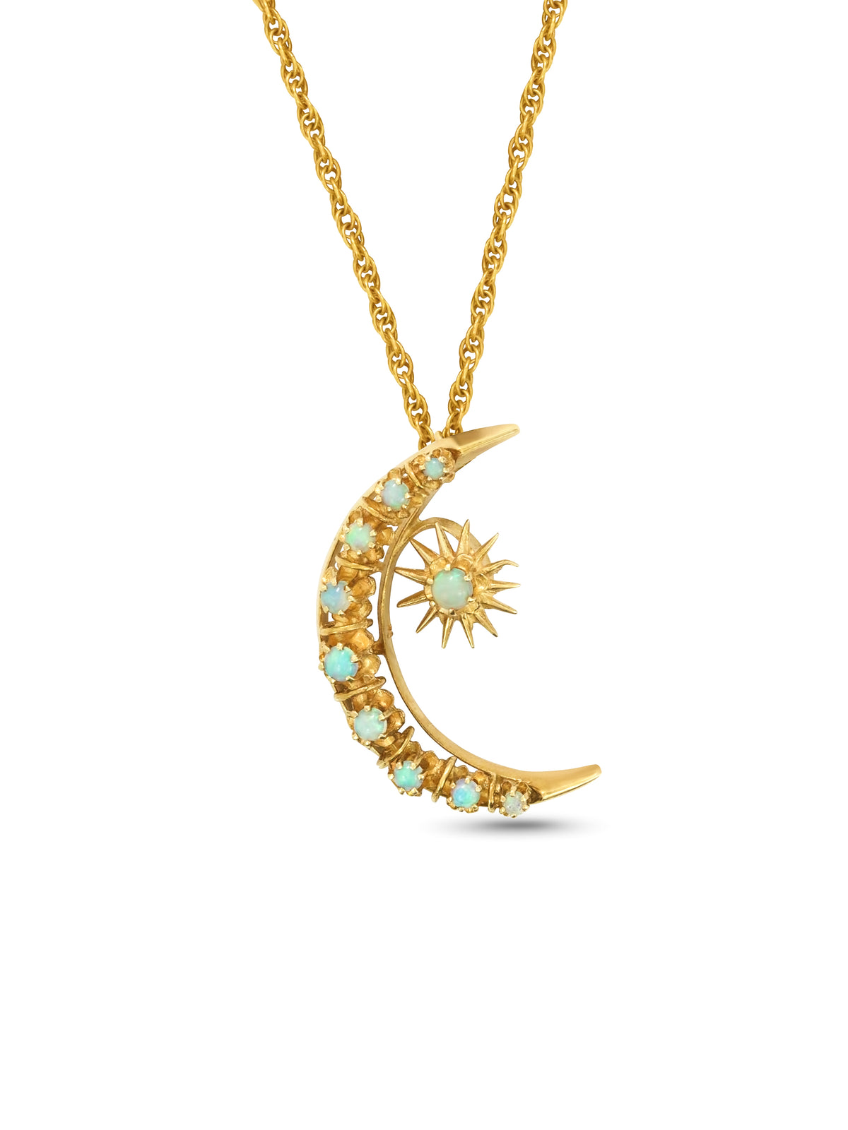 Antique 14k Opal Cabochon Crescent Star Necklace