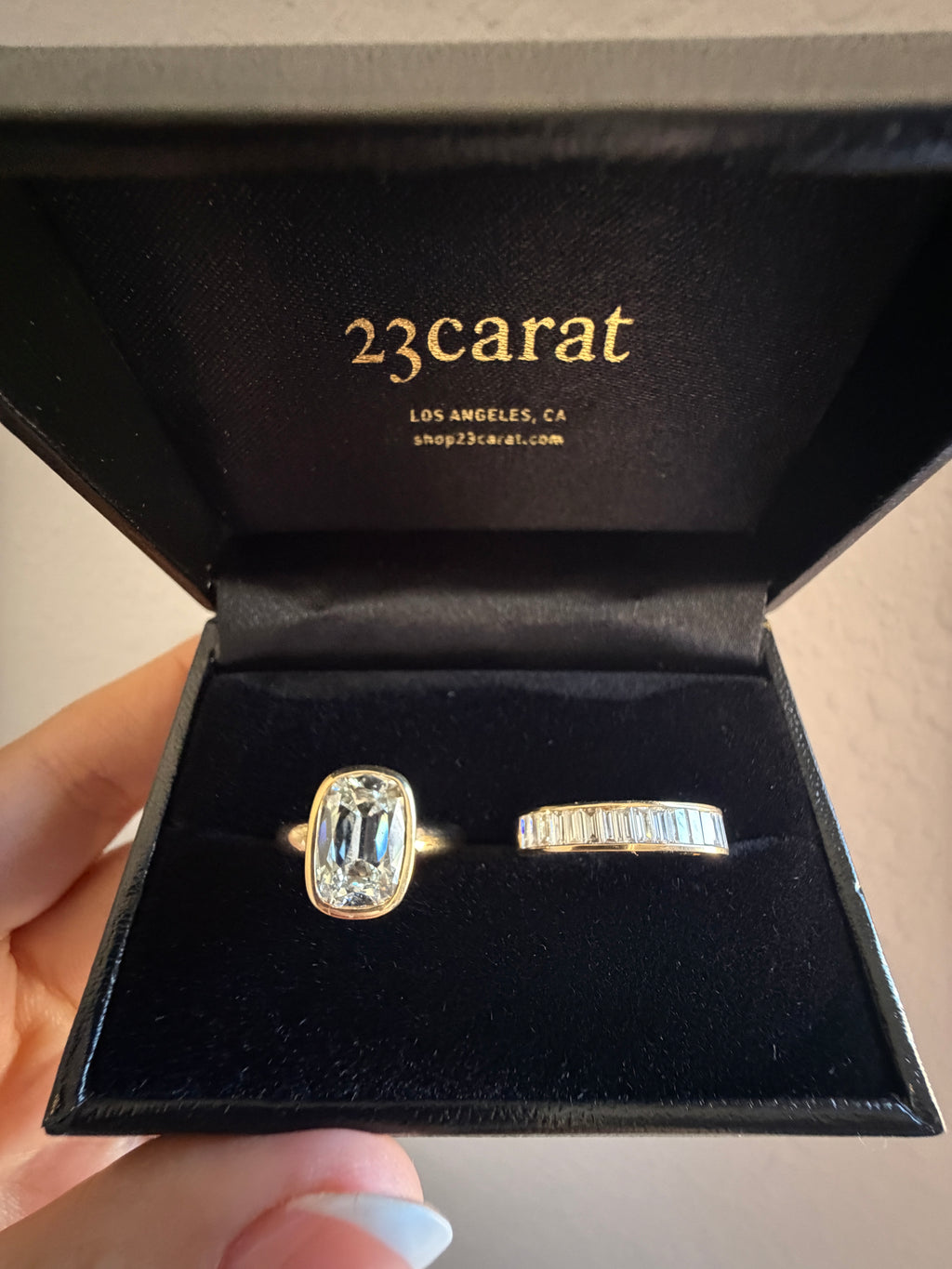 Antique Cushion Bezel Ring & Baguette Band Set by 23carat