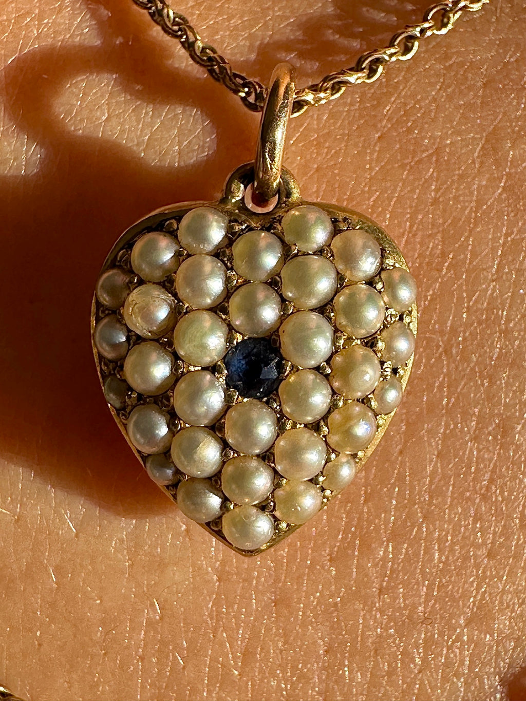 Antique Pearl Sapphire Heart Locket Necklace