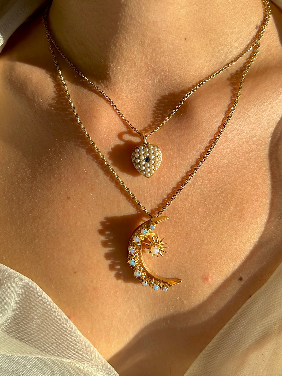 Antique Pearl Sapphire Heart Locket Necklace