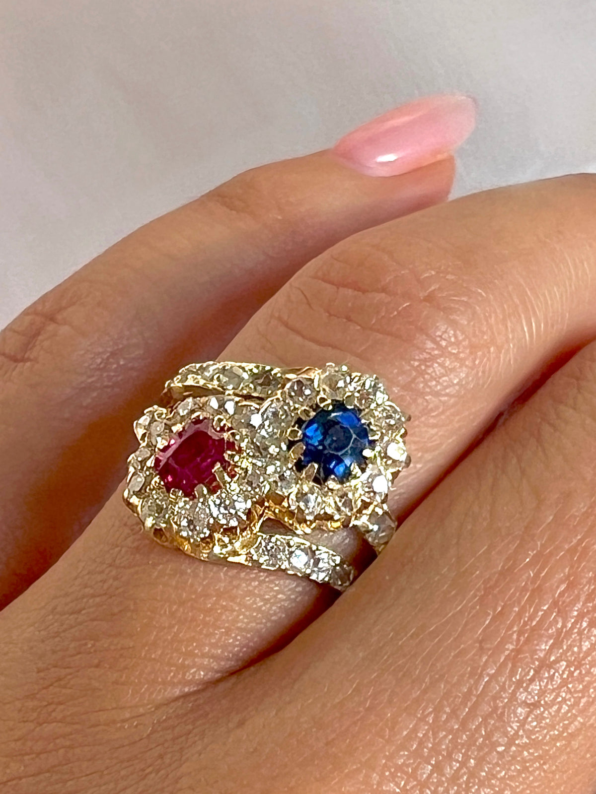 Antique Ruby Sapphire Diamond Toi et Moi Ring