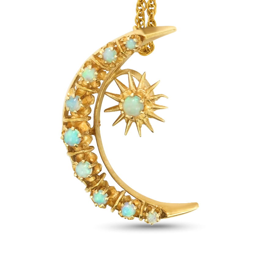 Antique 14k Opal Cabochon Crescent Star Necklace