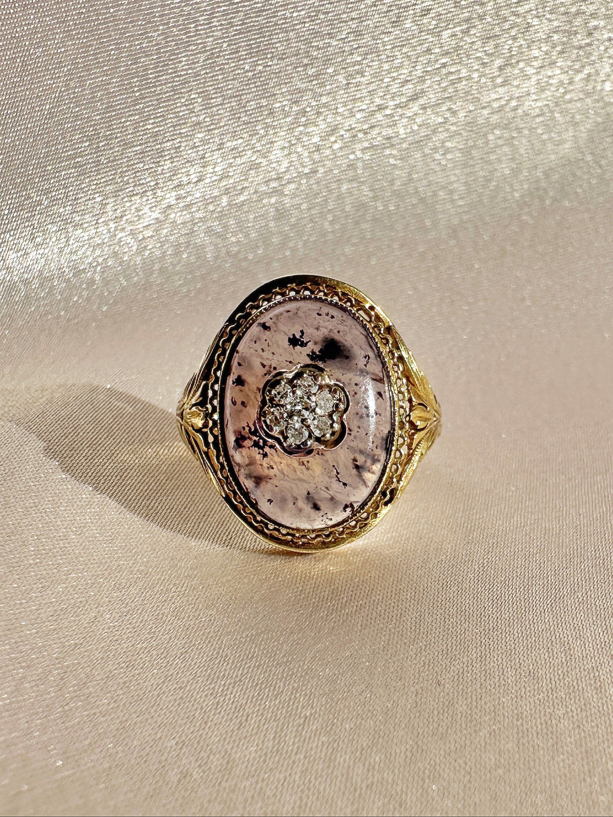 Antique Diamond Moss Agate Flower Cabochon Ring