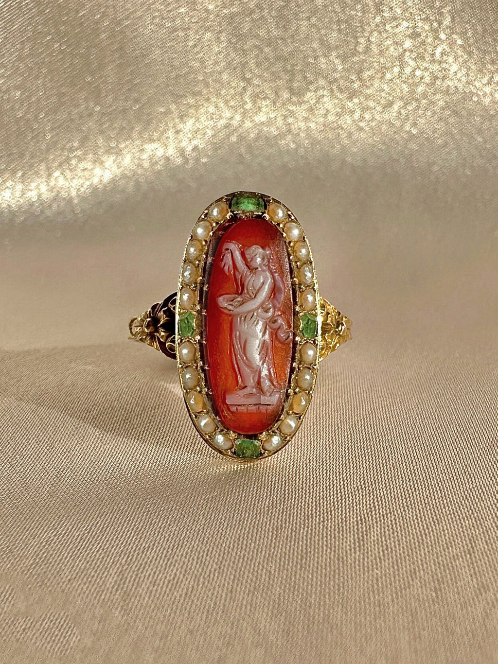 Antique Carnelian Emerald Pearl Cameo Ring