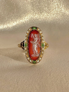 Antique Carnelian Emerald Pearl Cameo Ring