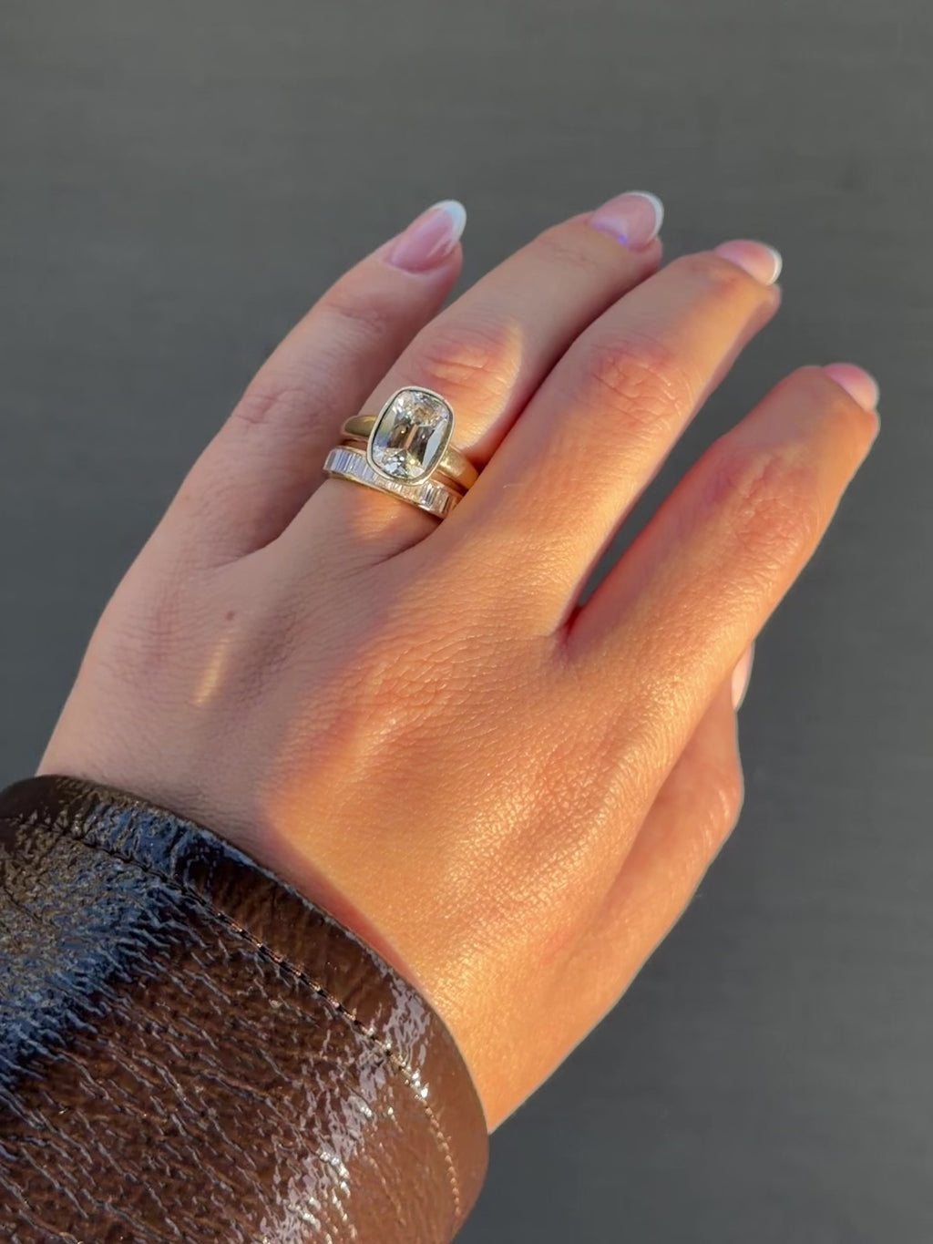 Antique Cushion Bezel Ring & Baguette Band Set by 23carat