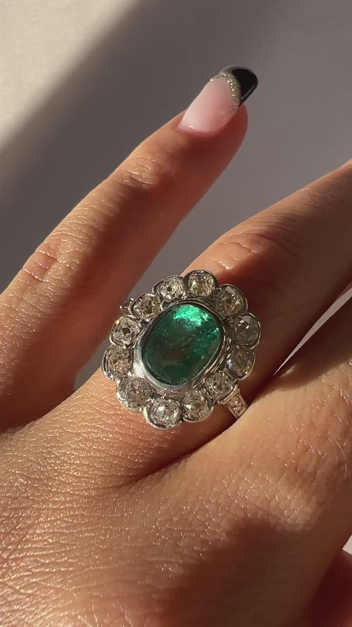 Antique Emerald Diamond Old Mine Ring 2.95 CTW