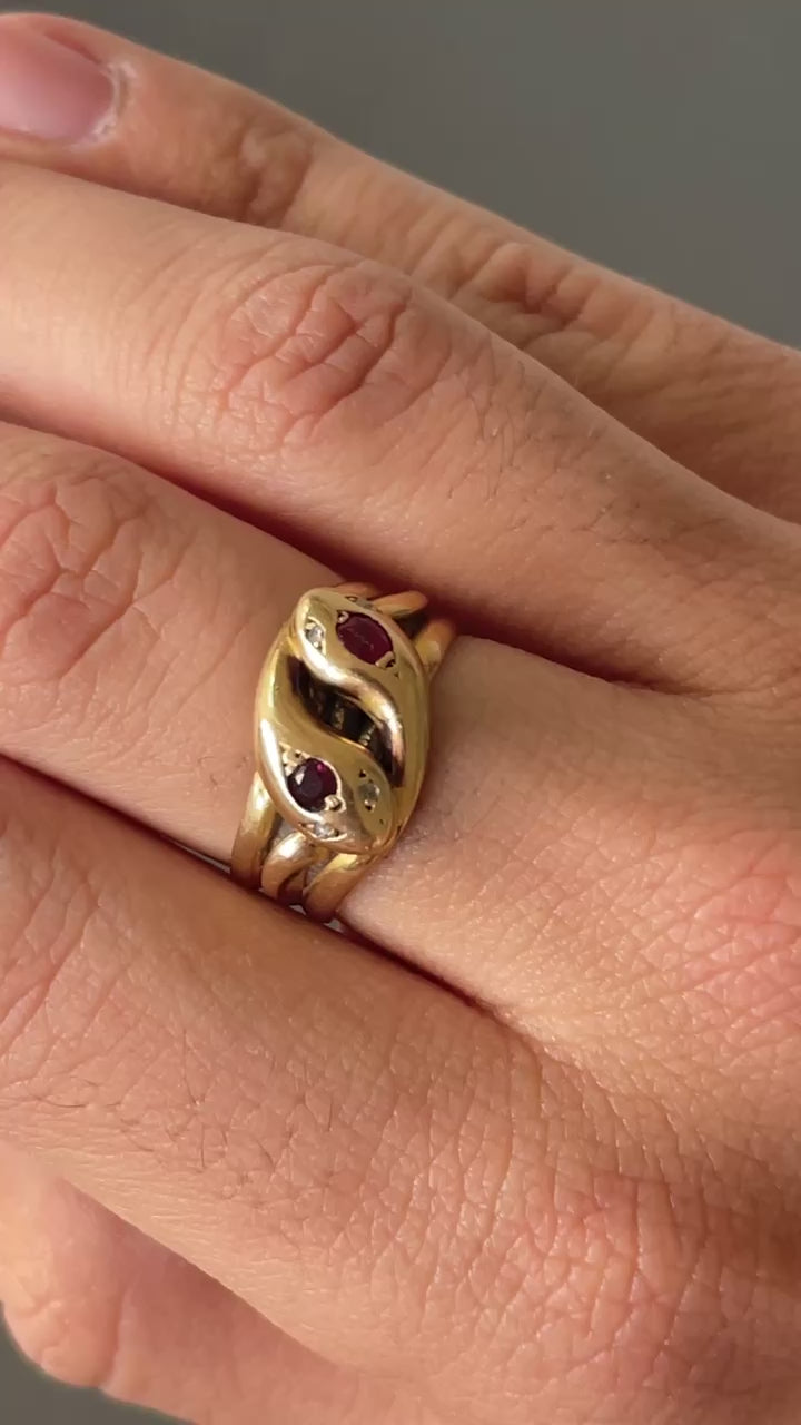 Antique Victorian Ruby Diamond Double Snake Ring 1892