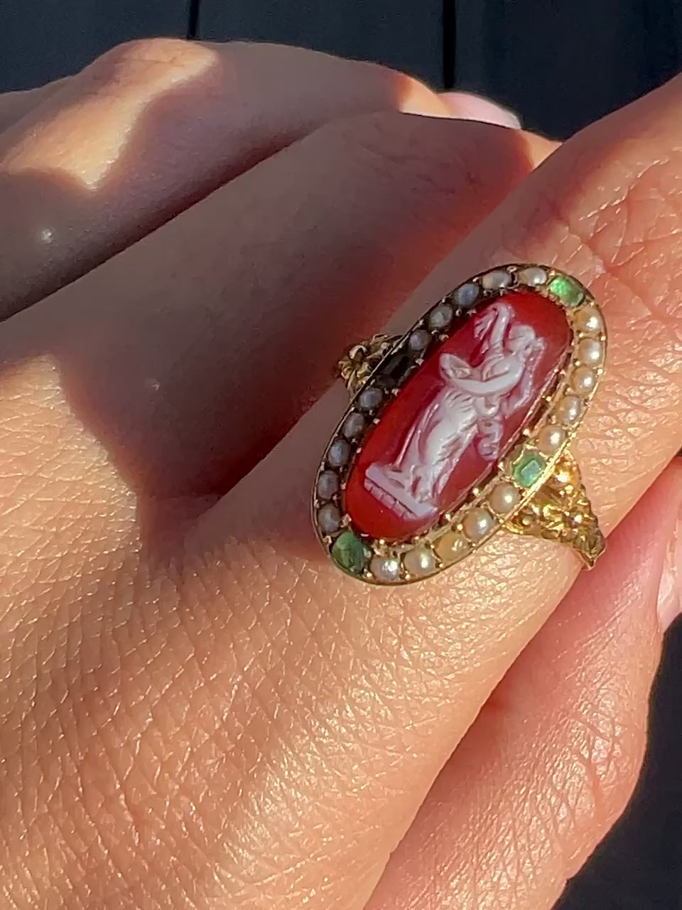 Antique Carnelian Emerald Pearl Cameo Ring