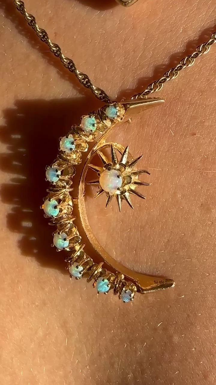 Antique 14k Opal Cabochon Crescent Star Necklace