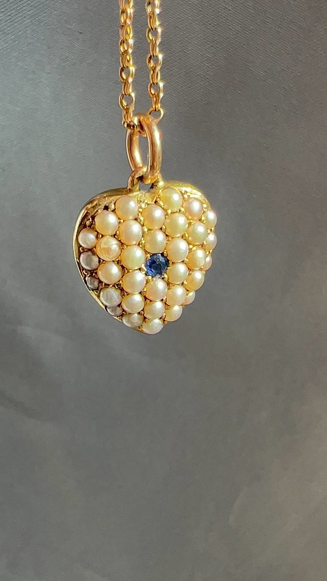 Antique Pearl Sapphire Heart Locket Necklace