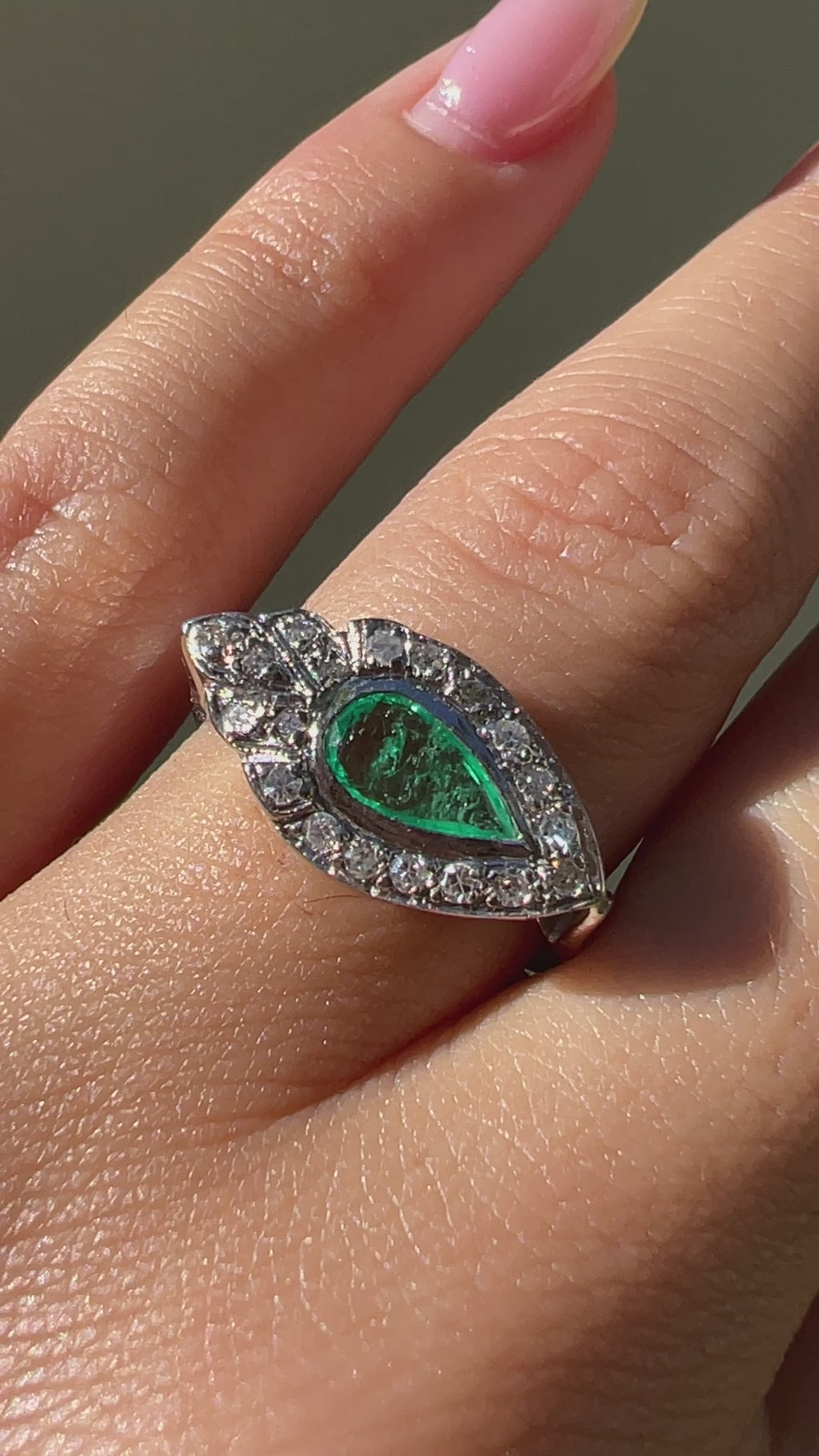 Vintage Palladium Emerald Diamond Pear East West Ring