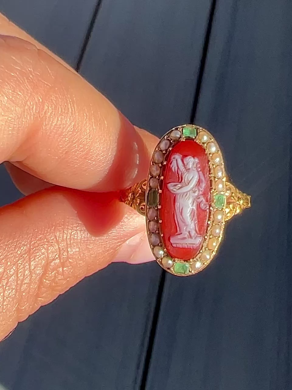 Antique Carnelian Emerald Pearl Cameo Ring