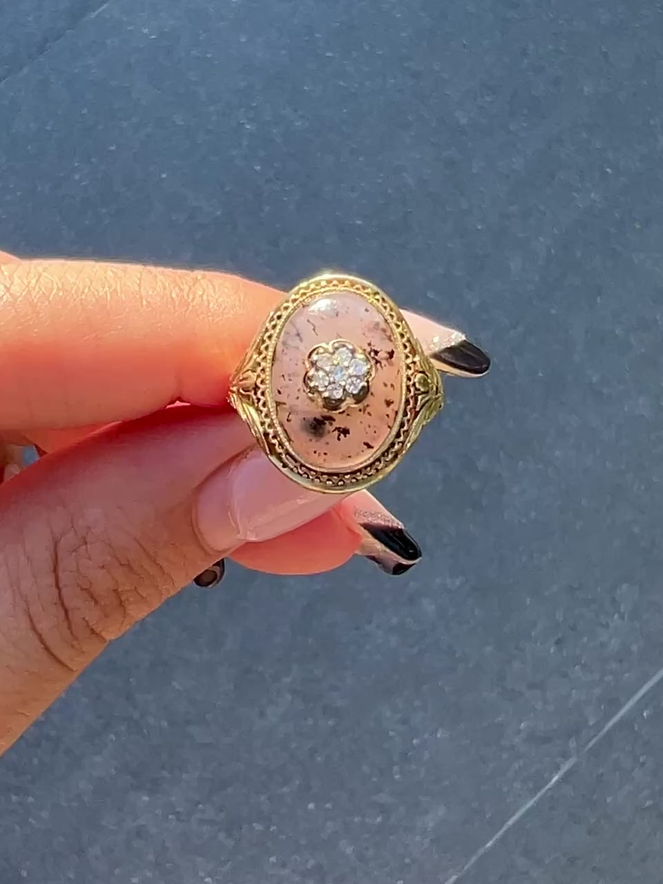 Antique Diamond Moss Agate Flower Cabochon Ring