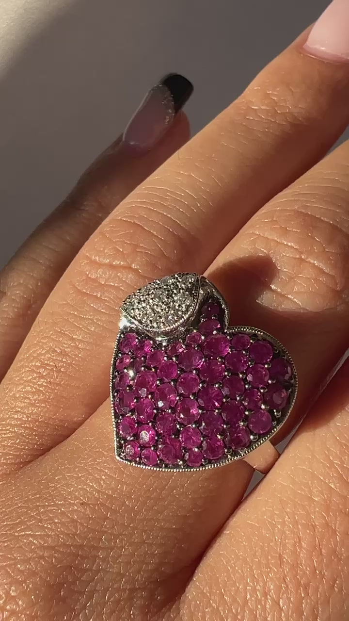 Vintage Pink Sapphire Diamond Heart Cocktail Ring