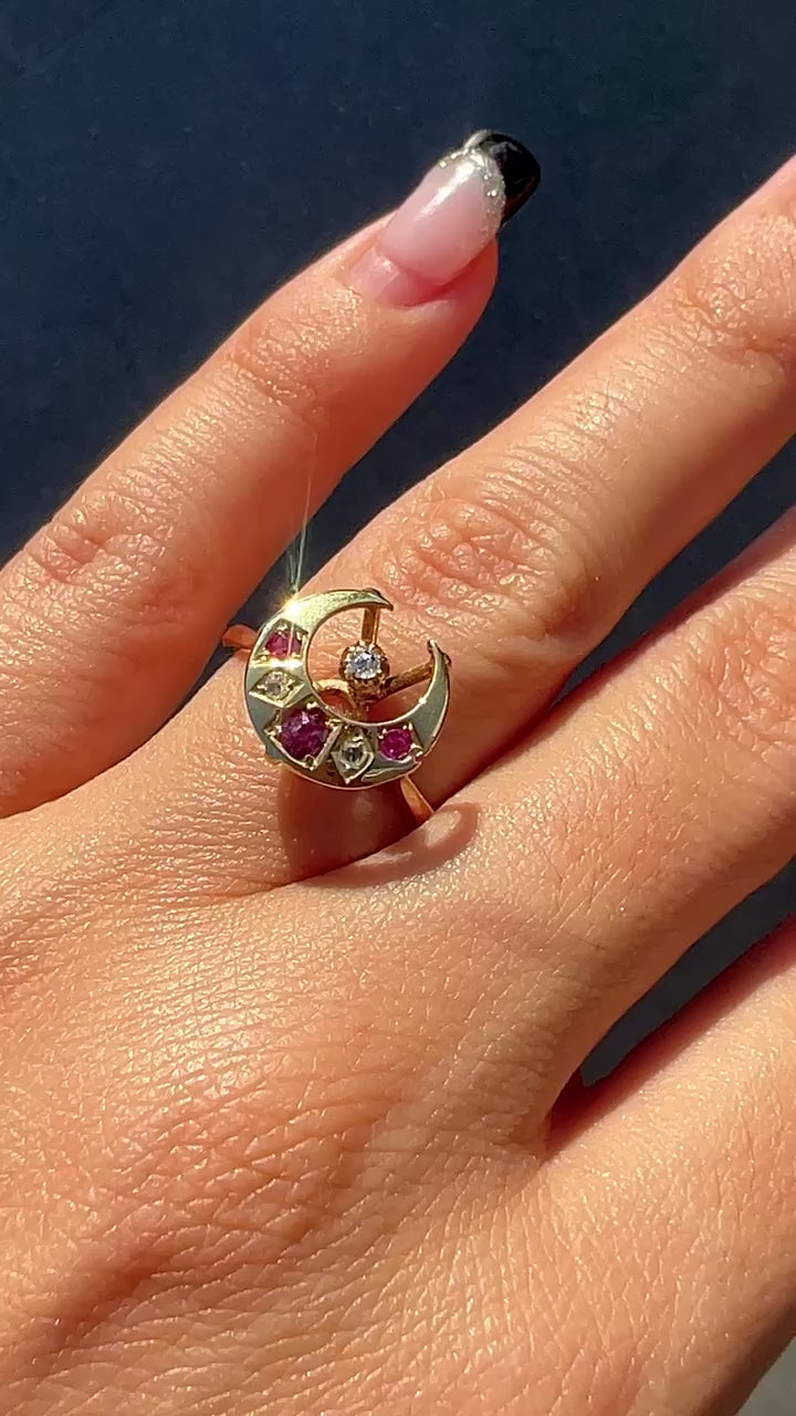 Vintage Ruby Diamond Moon Star Ring 1977