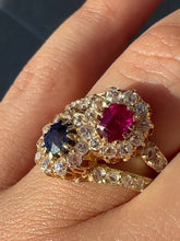 Load and play video in Gallery viewer, Antique Ruby Sapphire Diamond Toi et Moi Ring
