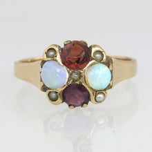 Load image into Gallery viewer, Antique 14k Gold Art Deco Ruby Garnet Opal and Pearl Flower Cluster Ring
