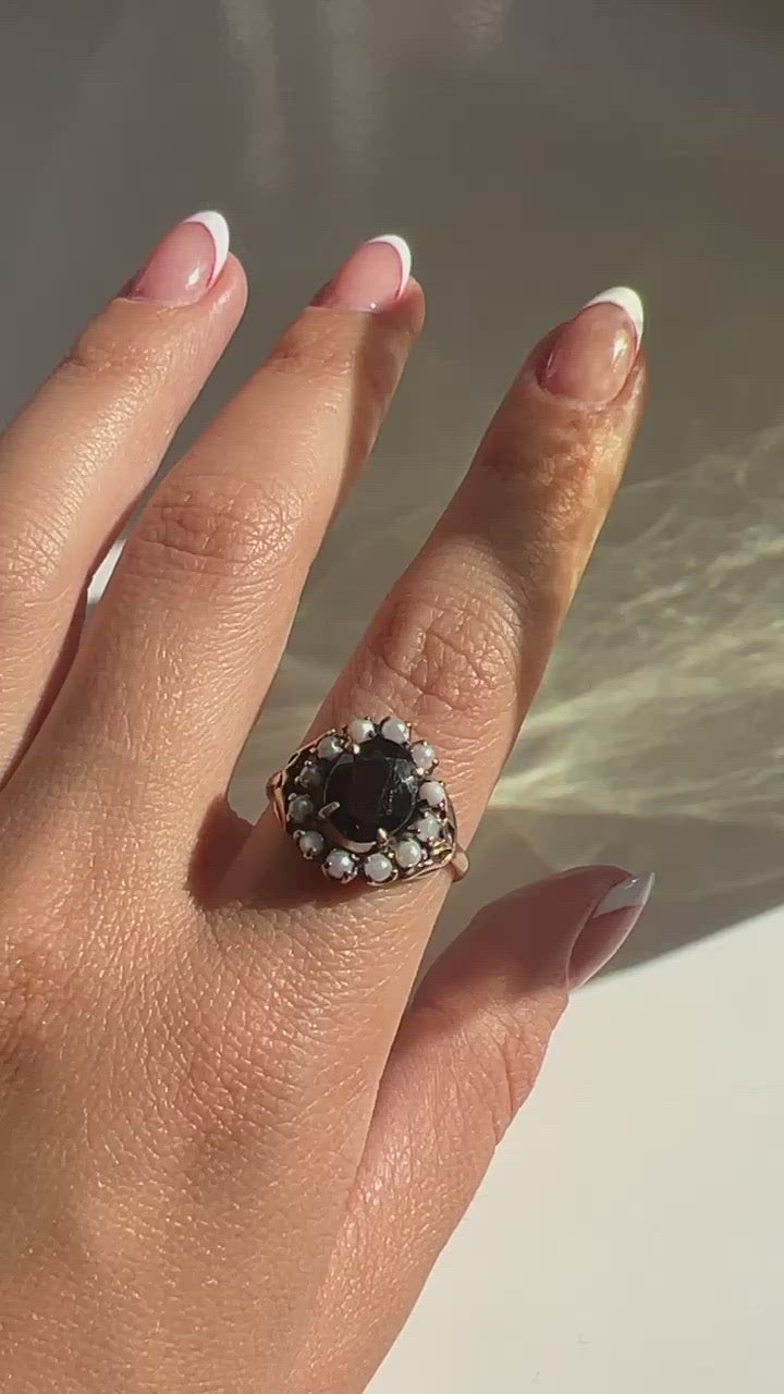 Antique 9k Garnet Pearl Halo Cluster RIng