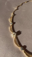 Load and play video in Gallery viewer, Vintage 14k Diamond Pearl Floral Heart Crescent Necklace
