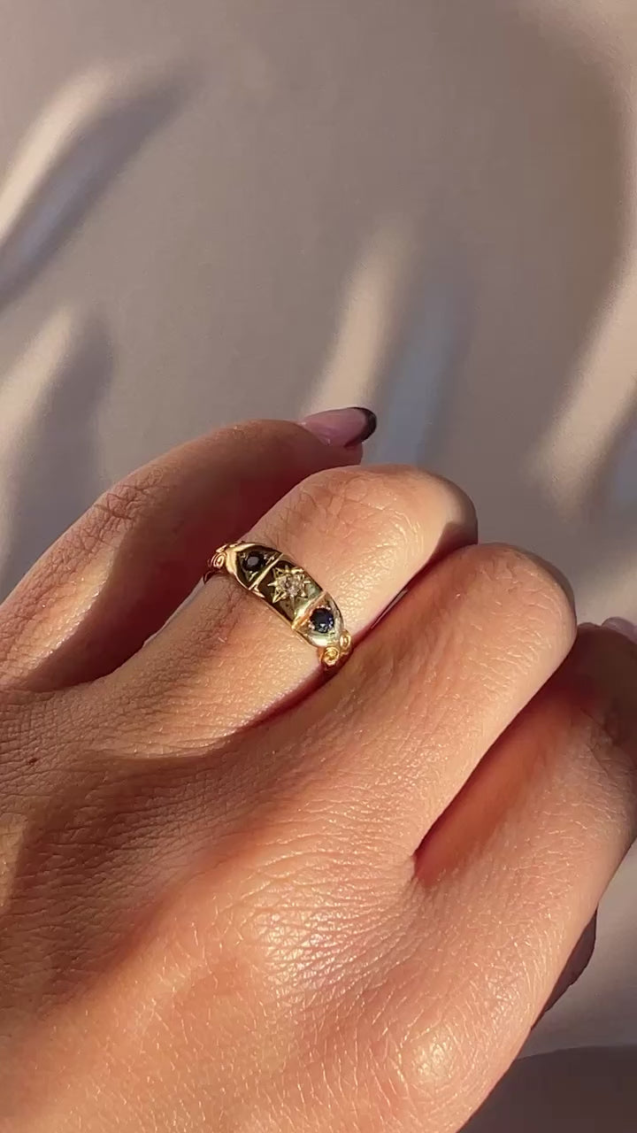Antique 18k Diamond Sapphire Starburst Edwardian Ring 1906