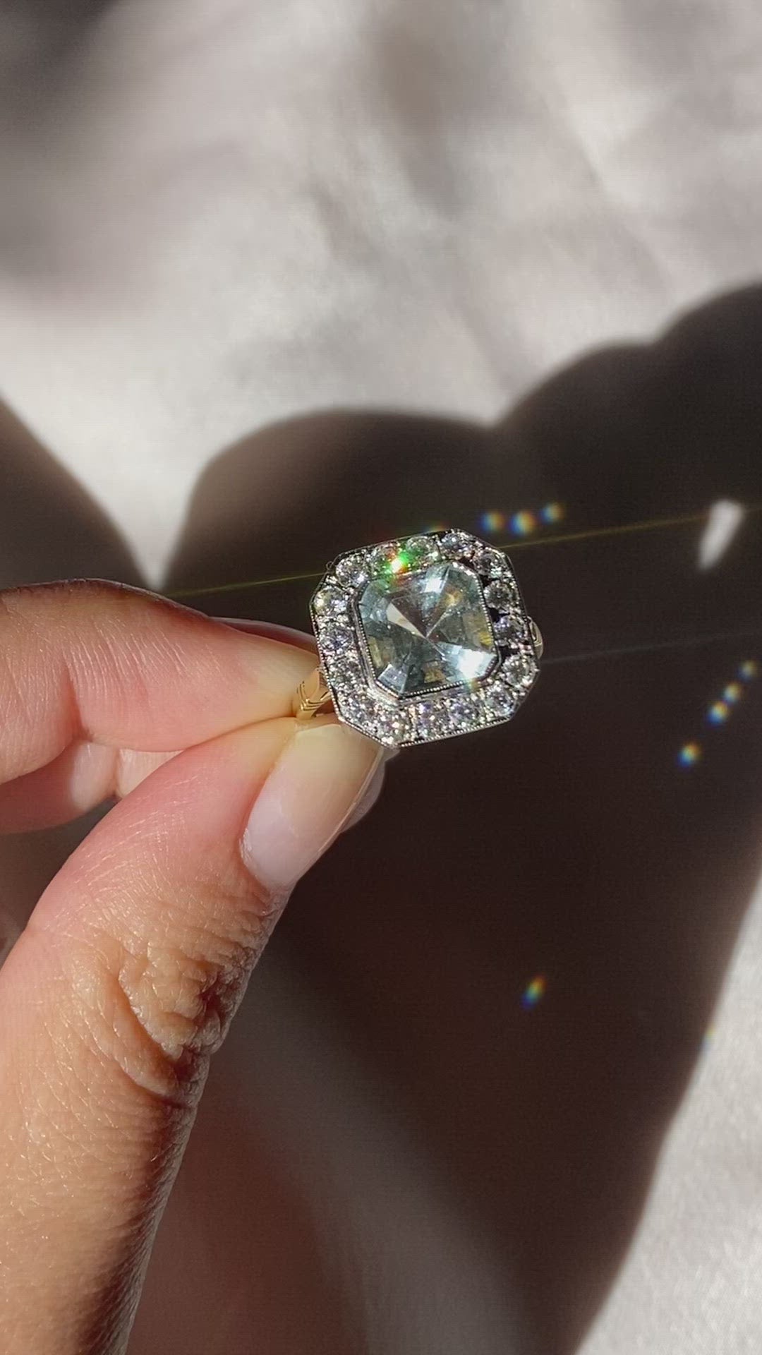Vintage 18k Platinum Asscher Aquamarine Diamond Ring
