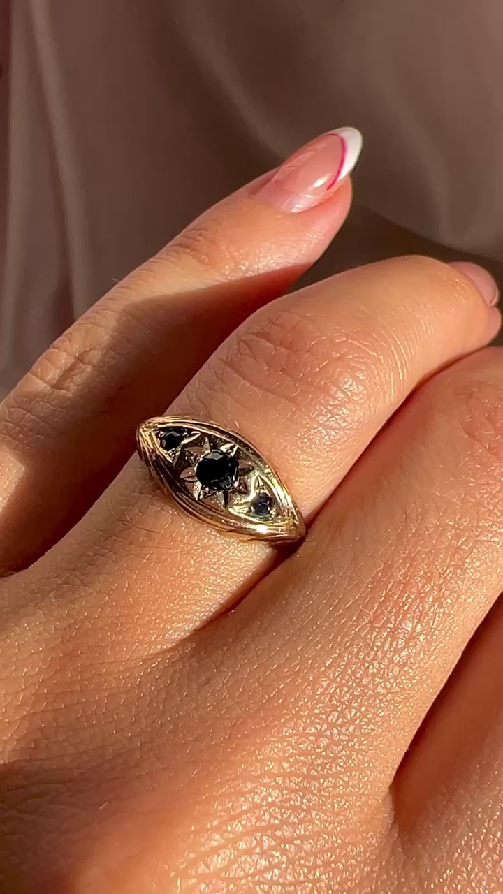 Vintage 9k Sapphire Starburst Trilogy Boat Ring 1982