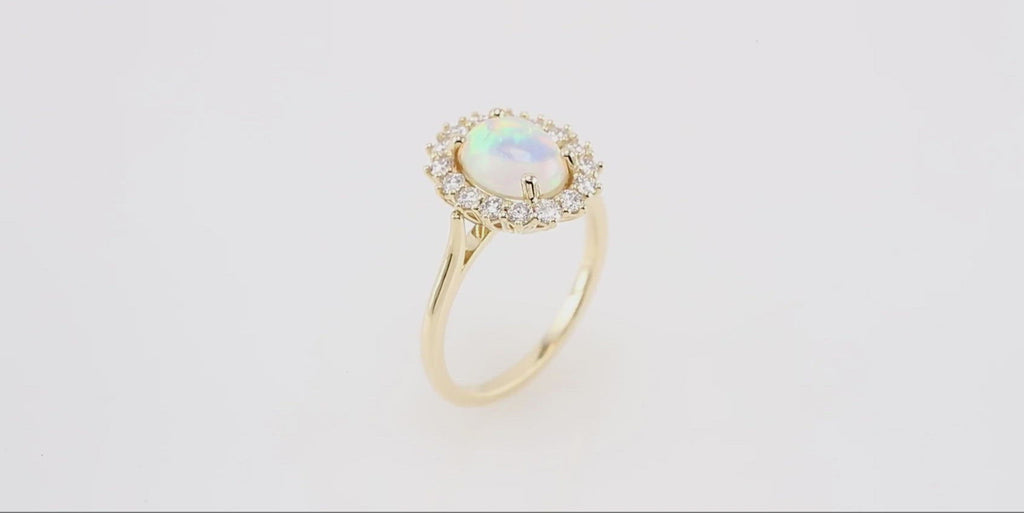 14k Opal Cabochon Diamond Halo Cluster Ring