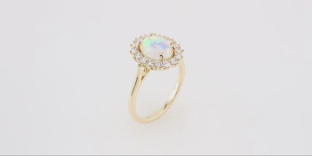 14k Opal Cabochon Diamond Halo Cluster Ring
