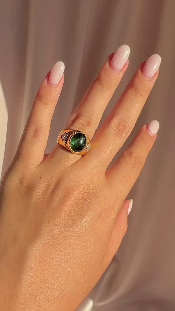 Vintage 18k Tourmaline Diamond Cabochon Ring
