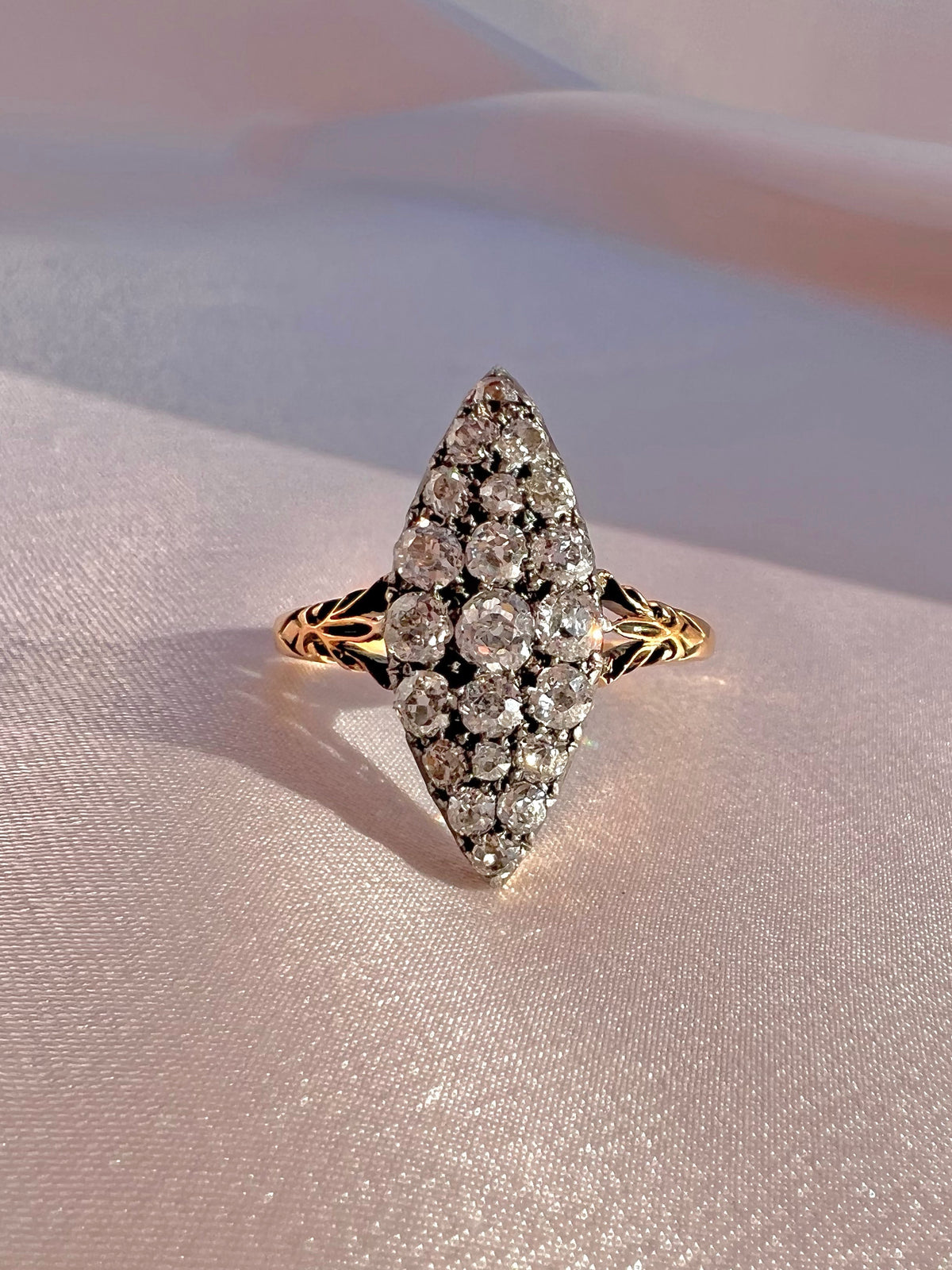 Antique 14k Old Cut Diamond Navette Cluster Ring