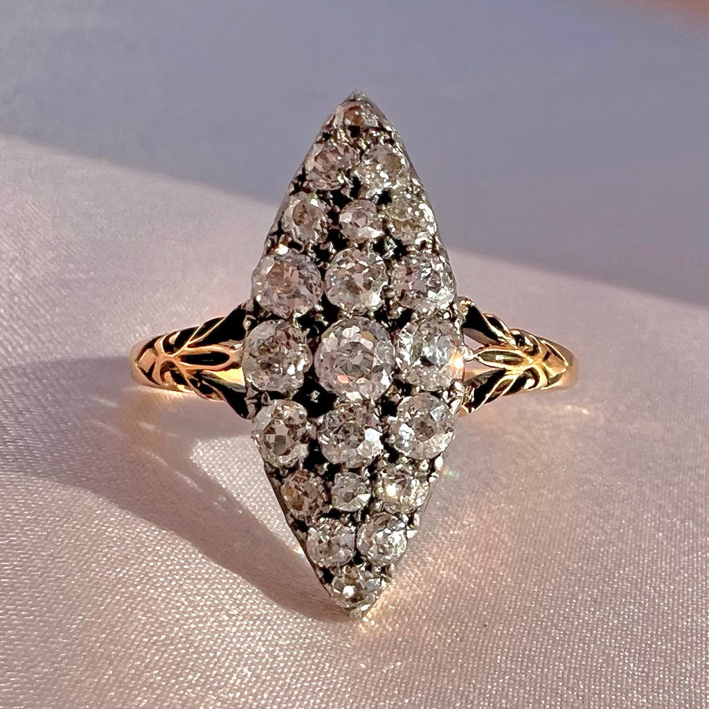 Antique 14k Old Cut Diamond Navette Cluster Ring