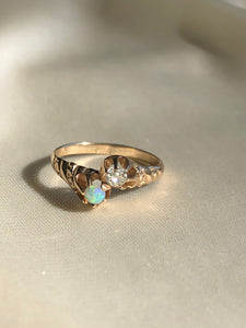 Victorian 14k Yellow Gold Genuine Opal Diamond Pinky Claw Toi Et Moi Ring