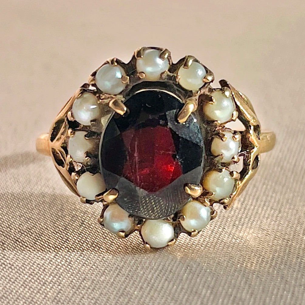 Antique 9k Garnet Pearl Halo Cluster RIng