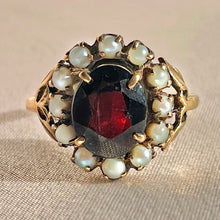 Load image into Gallery viewer, Antique 9k Garnet Pearl Halo Cluster RIng
