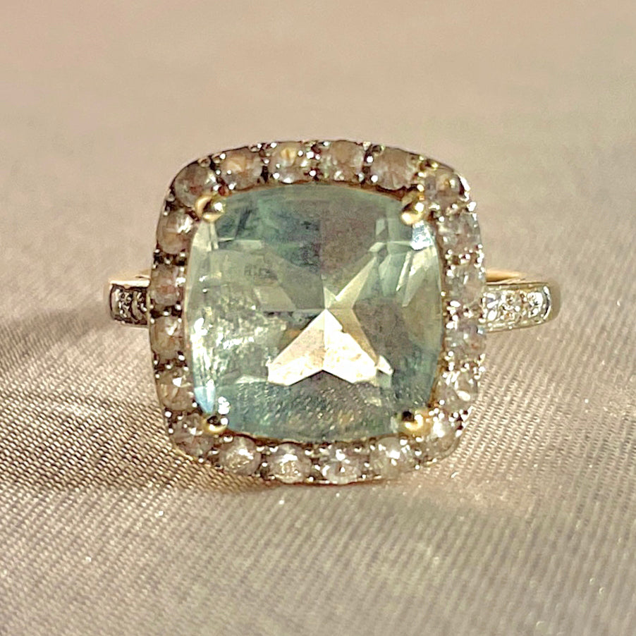 Vintage 10k Aquamarine White Topaz Diamond Ring