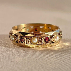 Antique 9k Garnet Pearl Eternity Marquise Square Band Ring