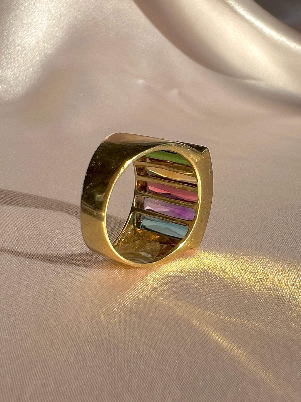 Vintage 18k Rainbow Gemstone Baguette Signet Ring
