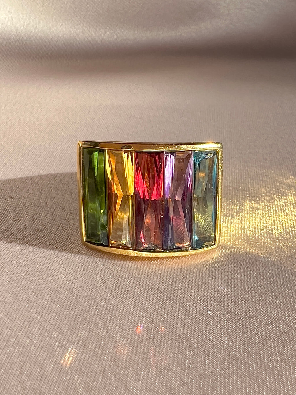 Vintage 18k Rainbow Gemstone Baguette Signet Ring