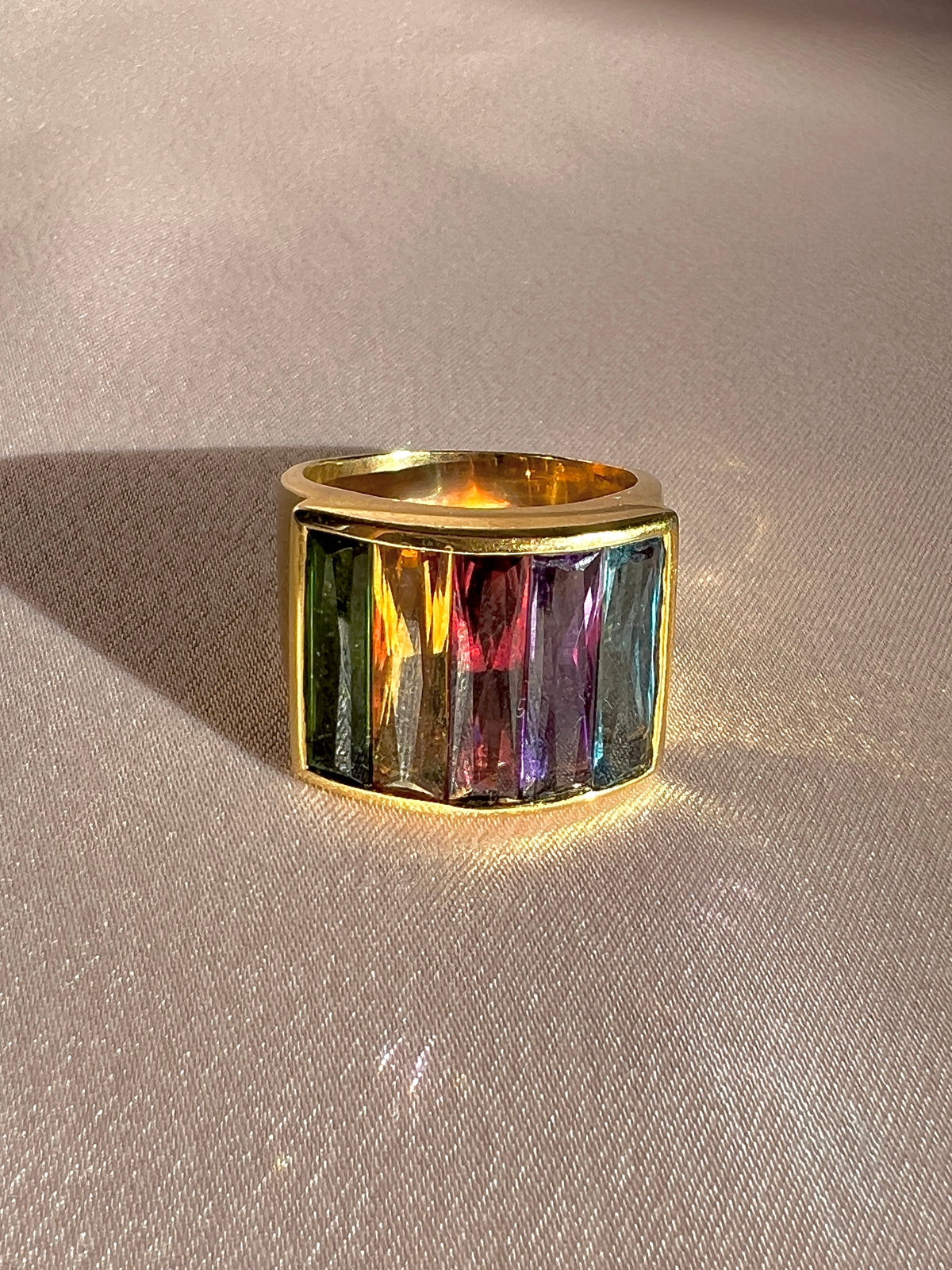 Vintage 18k Rainbow Gemstone Baguette Signet Ring