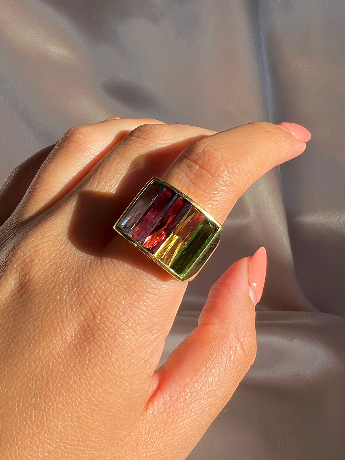 Vintage 18k Rainbow Gemstone Baguette Signet Ring
