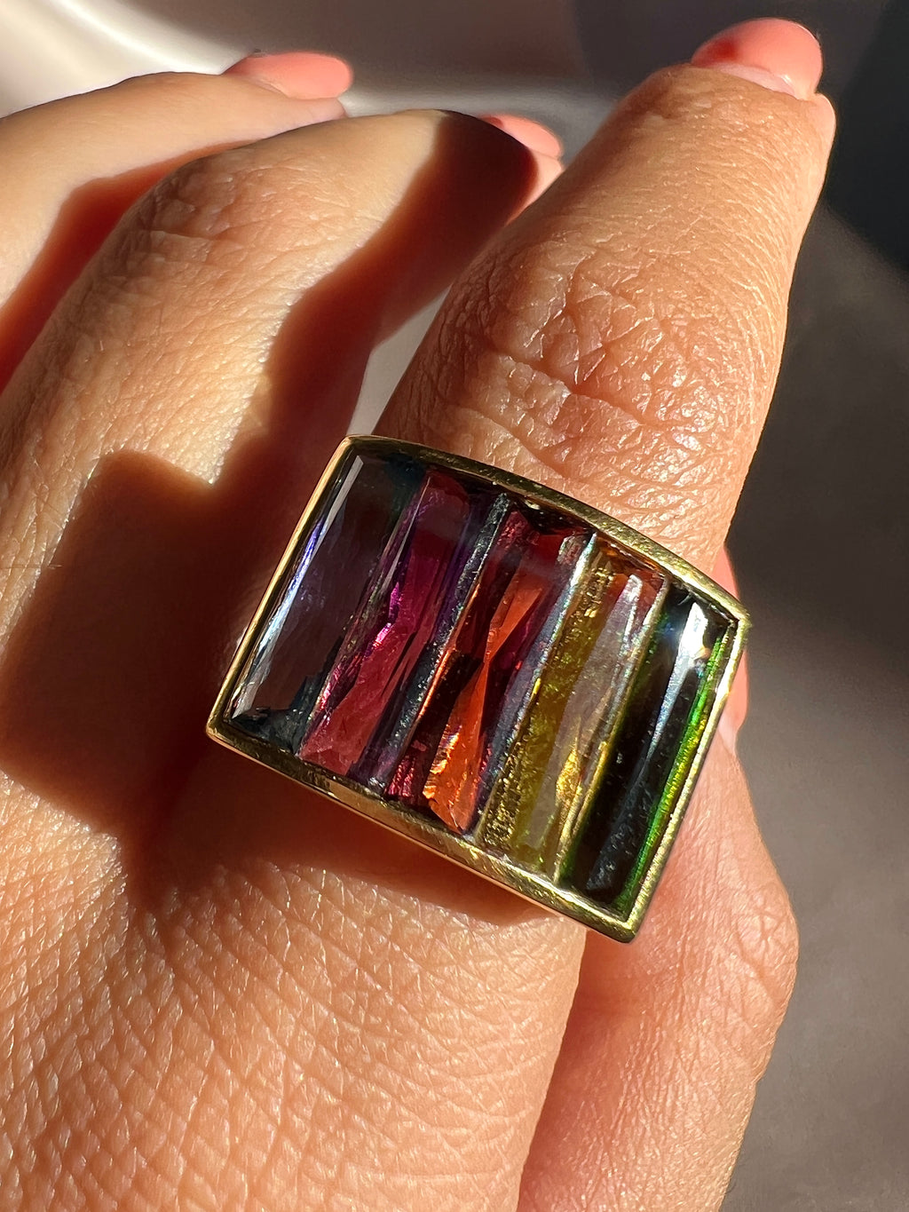 Vintage 18k Rainbow Gemstone Baguette Signet Ring