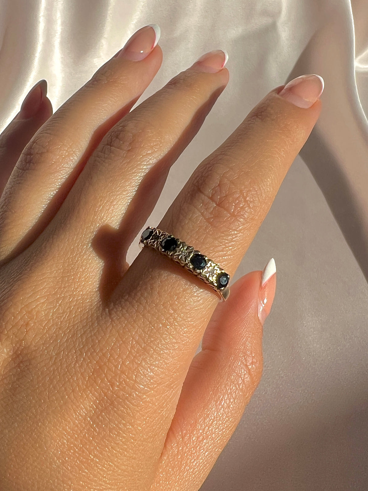 Vintage 9k Sapphire Diamond Starburst Half Eternity Ring 1993