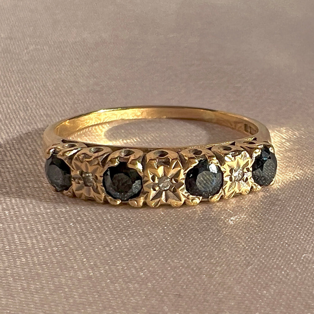 Vintage 9k Sapphire Diamond Starburst Half Eternity Ring 1993