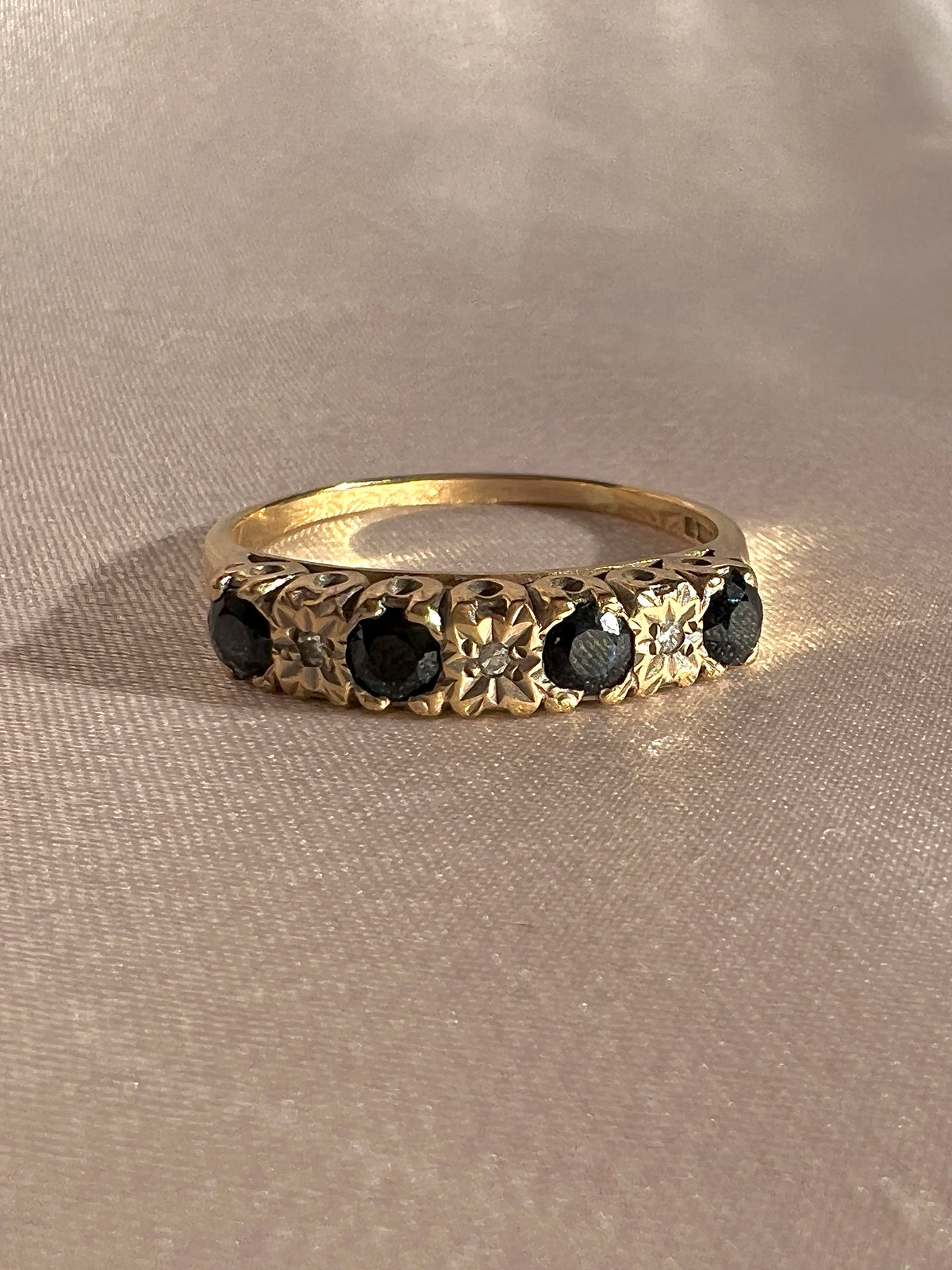 Vintage 9k Sapphire Diamond Starburst Half Eternity Ring 1993