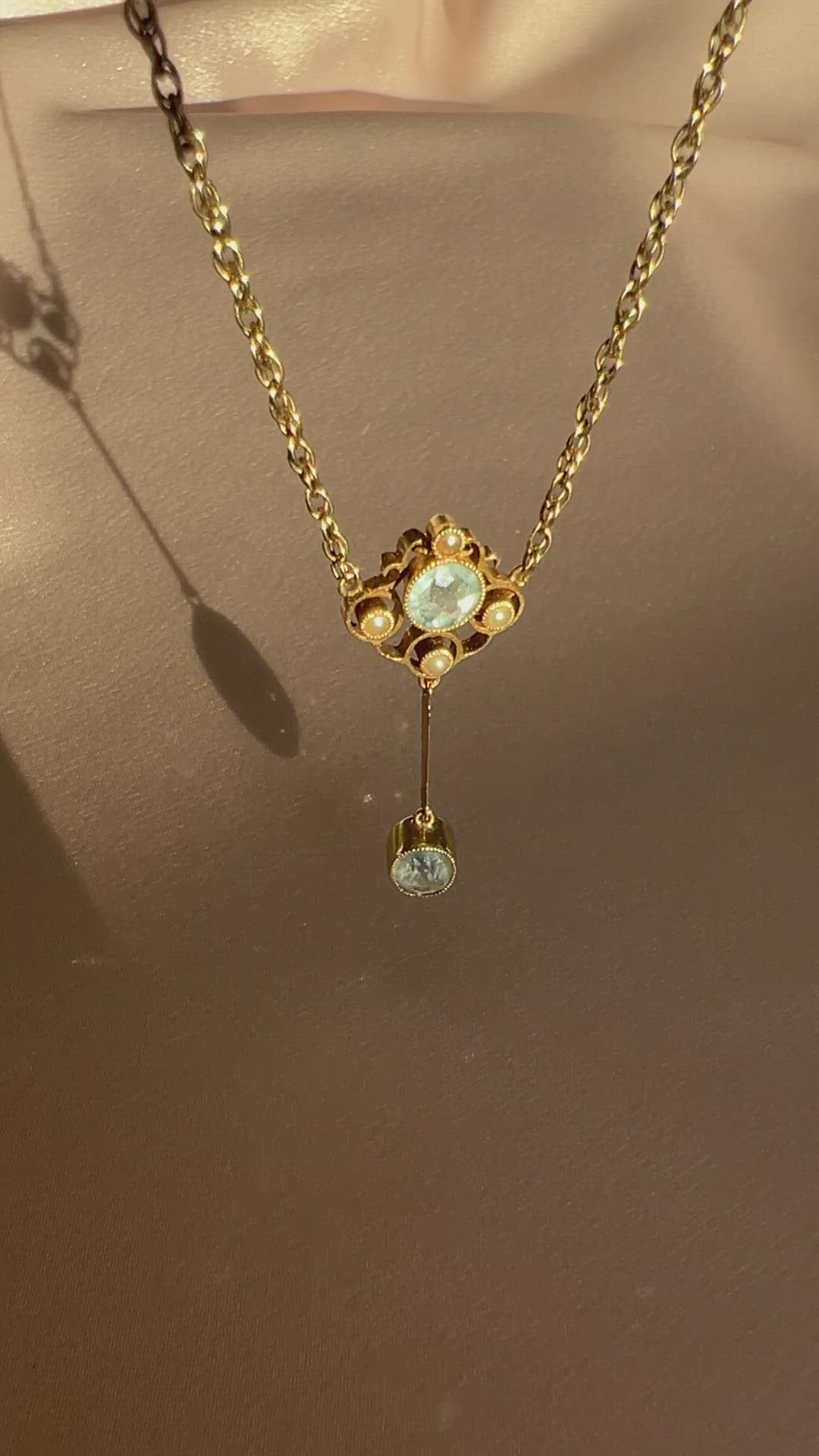 Antique 9k Aquamarine Pearl Edwardian Necklace