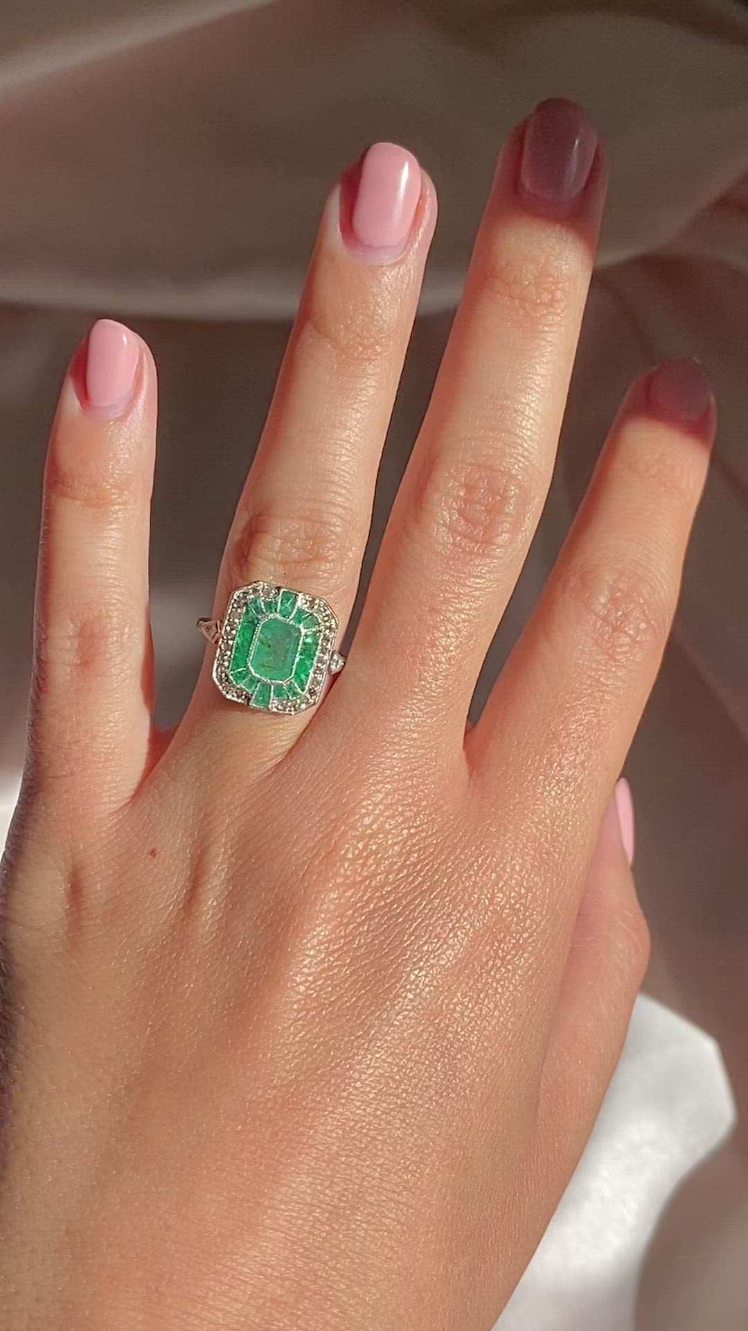 Platinum Emerald Rose Cut Diamond Ring
