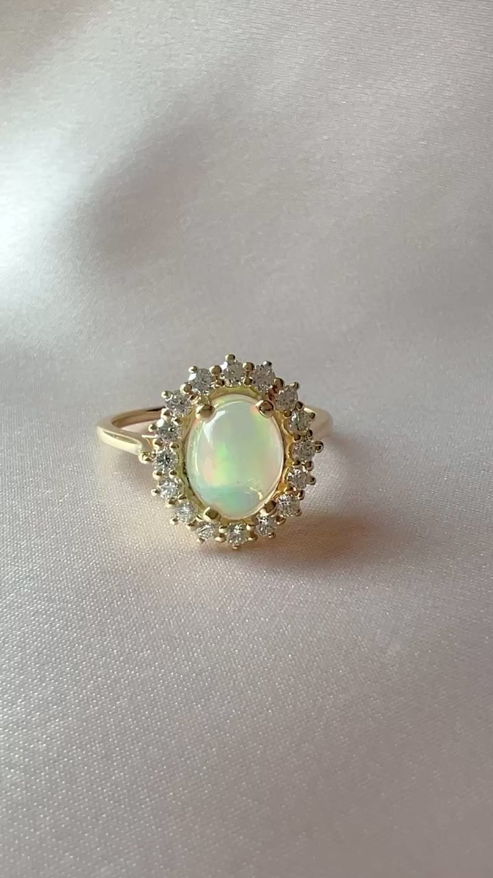 14k Opal Cabochon Diamond Halo Cluster Ring