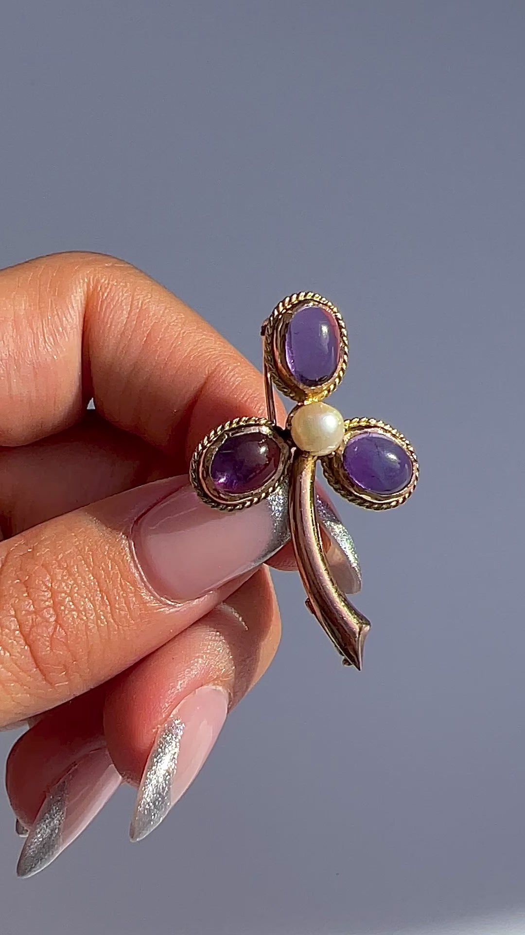 Vintage 14k Amethyst Pearl Shamrock Brooch