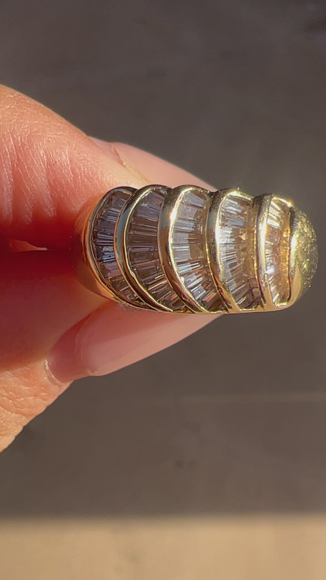 Vintage 14k Baguette Diamond Shell Bombe Ring